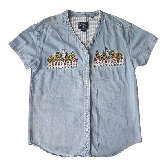 Vintage Quizz Again New York Embroidered Denim Shirt Women’s Size M Sunflower - Picture 2 of 7